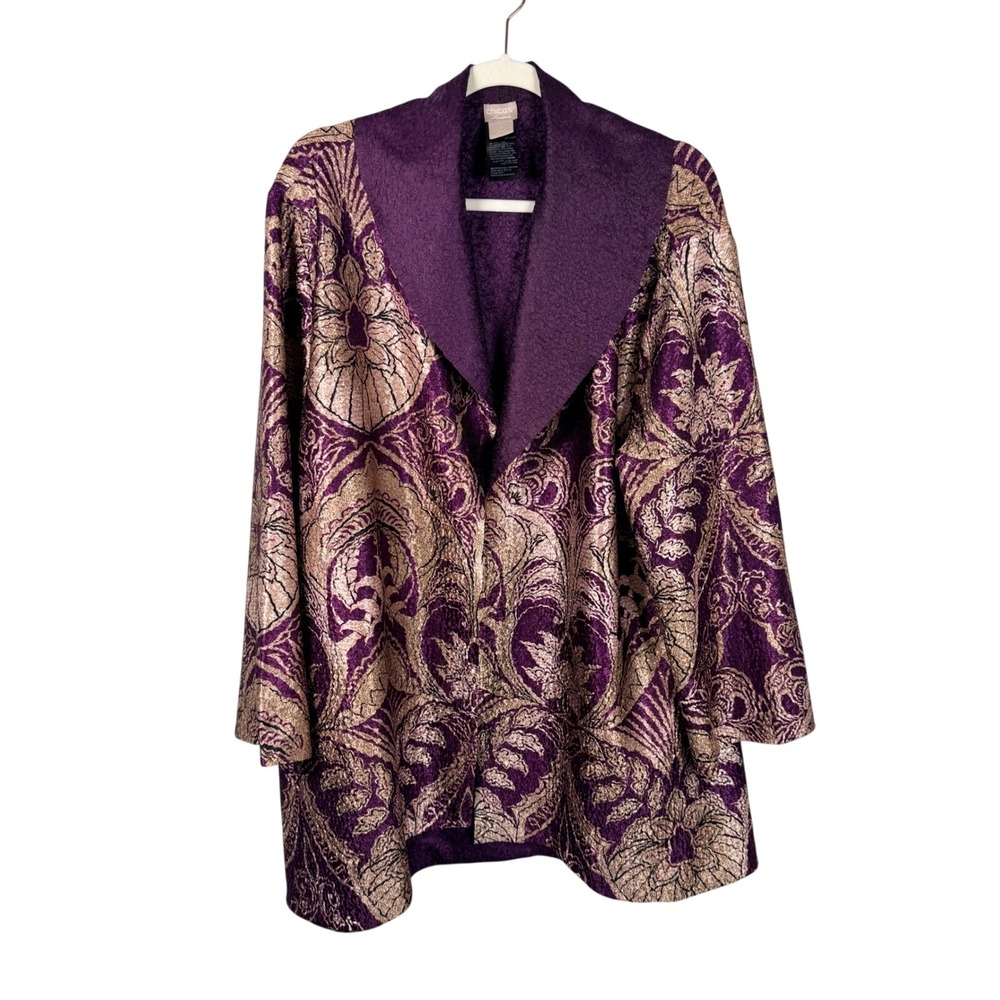 Chicos Travelers 4 Purple Gold Textured Crinkled Paisley Open Front Jacket Artsy